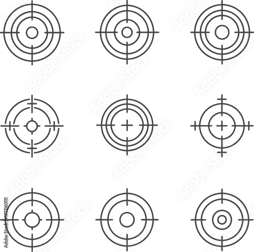 Collection of nine diverse target crosshairs and aim symbols for gaming and design.