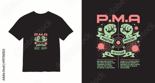 Positive mental attitude pma illustration featuring clenched fists and streetwear graphics