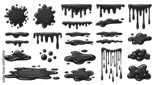 Collection of black liquid drips, splatters, and puddles on a white background, ideal for graphic design.