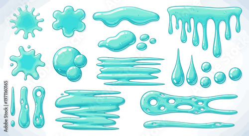 Set of light blue slime, goo, and liquid drips in various shapes and forms.