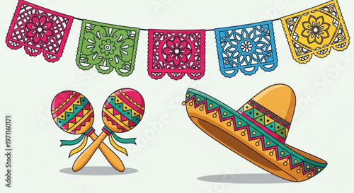 Vibrant mexican fiesta elements with sombrero maracas and papel picado banners on white background