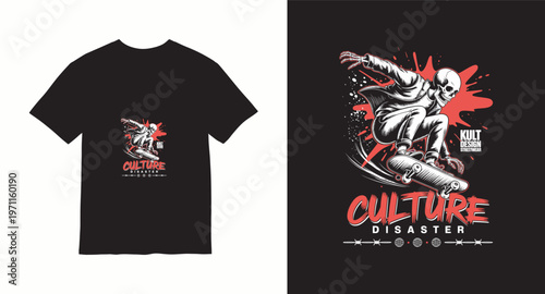 Culture disaster skateboarder skeleton illustration with red splash for urban streetwear