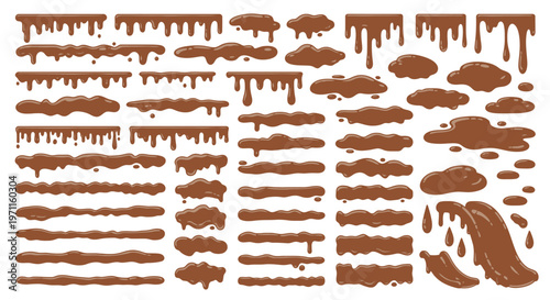 Chocolate splatters and drips cover a surface in various shapes.