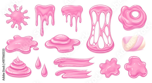 Collection of pink bubblegum and slime textures with various gooey, sticky, and soft shapes.