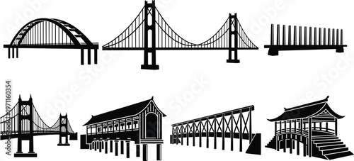 Bridge silhouettes set including suspension arch wooden footbridge traditional architecture structures vector illustration isolated design collection for infrastructure concepts