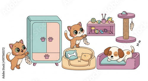 Cute cartoon cat and dog playing with feather toy and sleeping on pet furniture in cozy nursery room interior for pet care and animal lovers concept