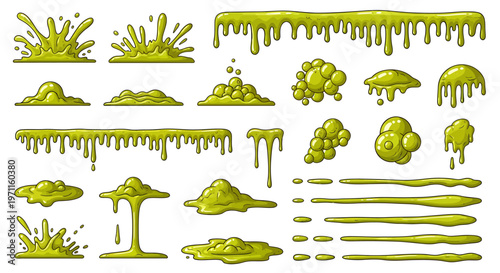 Green slime cartoon set with various shapes, splatters, drips, puddles, and bubbly textures.