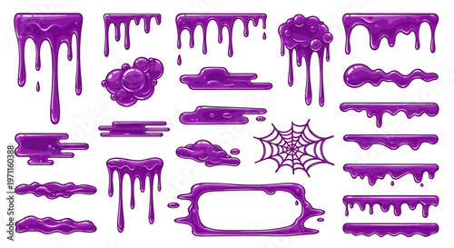 Purple dripping slime and goo elements with a spiderweb, cartoon style illustration.