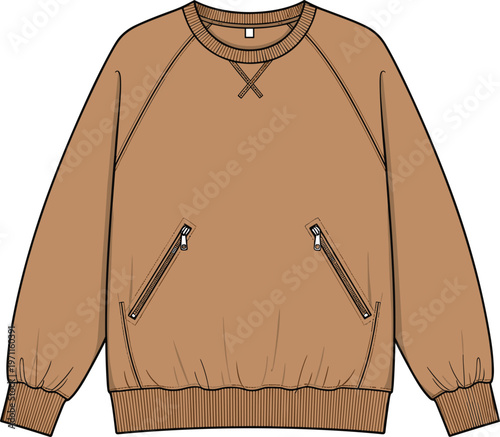 Brown crewneck sweatshirt illustration with zipper pockets ribbed hem and cuffs casual fashion apparel vector isolated on clean background