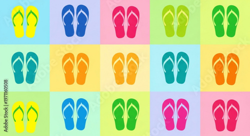 Vibrant flip flops in various colors on multicolored background summer footwear concept
