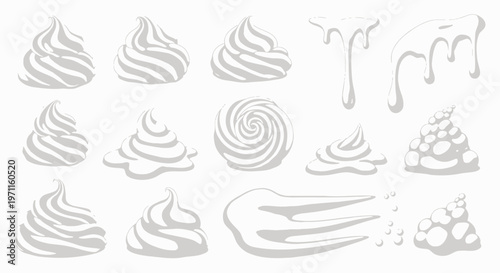 A collection of various white creamy swirls, dollops, drips, and smears, resembling whipped cream or frosting.
