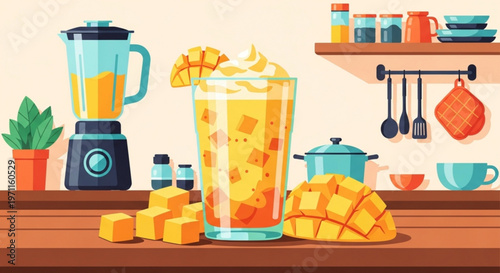 Refreshing mango smoothie with whipped cream and fresh mango cubes on kitchen counter with blender and cooking utensils in modern kitchen illustration