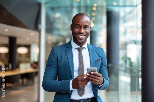 African Businessman standing with smart phone in office adult businesswear architecture.