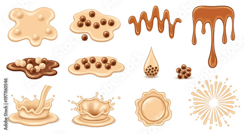 Vector set of sweet dessert sauces, including caramel and chocolate, with splashes, drips, puddles, and round toppings.