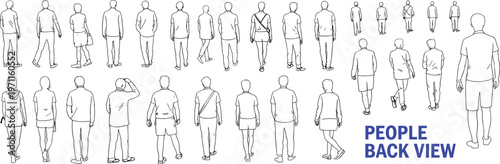 People back view sketch set with walking men and women outline figures collection for urban lifestyle and character design