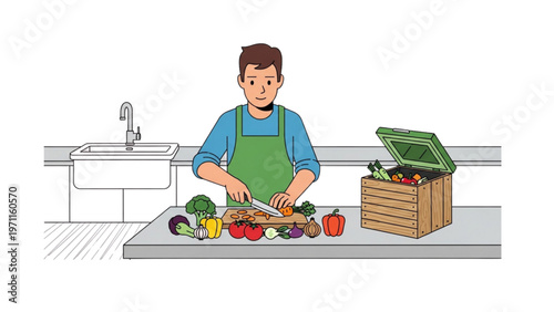 man preparing fresh vegetables zero waste kitchen eco friendly cooking flat vector