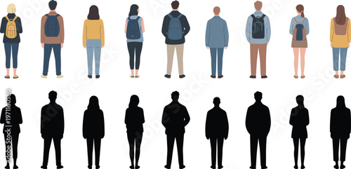 People back view with backpacks silhouettes and colored characters set students and travelers walking rear view figures collection
