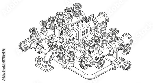 Detailed technical drawing of industrial valve system with multiple ports and connections