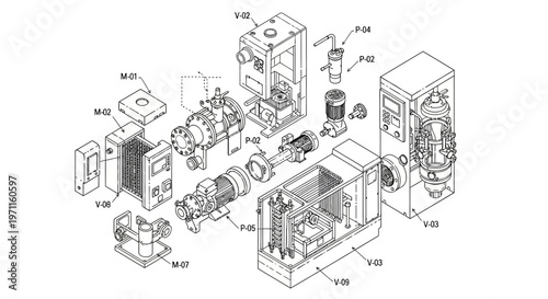 Detailed technical drawing of mechanical device components and parts