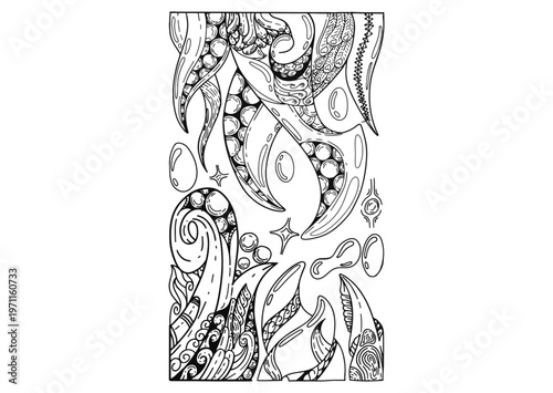 Water plant and tentacle ornament with some bubbles in line art style