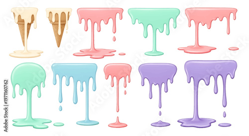 Collection of colorful melting ice cream drips and puddles, graphic elements on a white background.