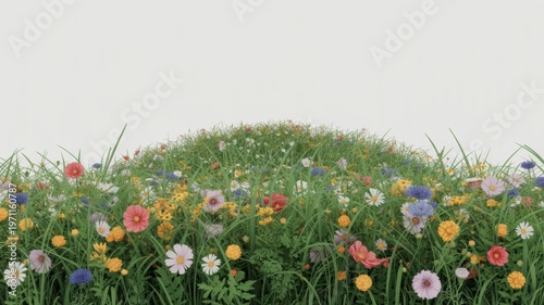 A vibrant meadow abundant with colorful wildflowers and lush green grasses blooming under bright natural light creating a cheerful fresh scene against a white b