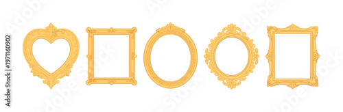 Vintage mirror frames showcasing antique decorative borders with baroque filigree details, designed as ornate picture frame silhouettes in a gold luxury cartoon style, crafted as a cohesive 