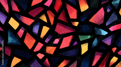 Vibrant stained glass pattern with colorful geometric shapes and black outlines