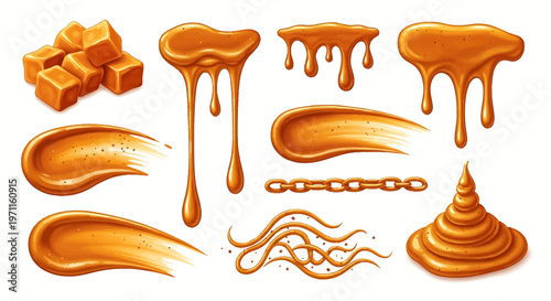 A collection of realistic caramel elements including dripping sauce, smooth smears, candy cubes, and decorative swirls on a white background.