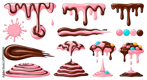 Collection of dripping chocolate and pink frosting, splatters, swirls, and piles with candies, perfect for sweet dessert designs.