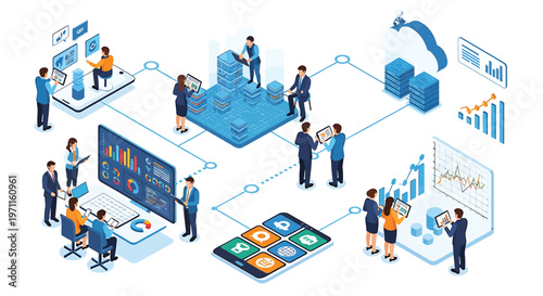 Business strategy, teamwork, and data analysis, infographic elements, vector icons, workflow optimization