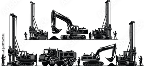 Construction machinery silhouettes set with drilling rigs excavators trucks workers heavy equipment industrial site vector illustration collection isolated