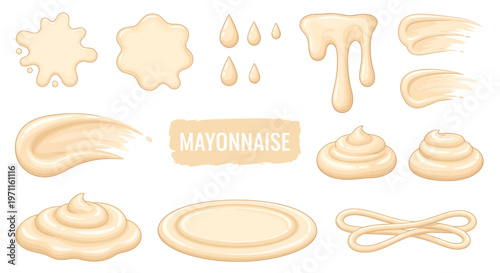 Collection of mayonnaise textures including splatters, drips, smears, and dollops, isolated on a white background.