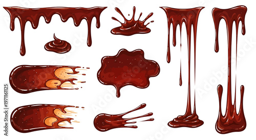 A collection of realistic chocolate drips, splashes, and streaks on a white background.
