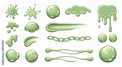 A collection of various green slime, goo, liquid, and gel shapes, including splatters, drips, smears, and blobs.