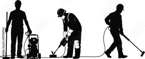 Construction workers silhouettes using road equipment jackhammer and pressure washer industrial cleaning and repair vector illustration isolated design