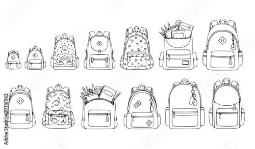 A set of various backpacks in a line art style illustration