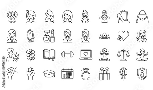 A collection of minimalist line art icons representing women's empowerment and daily life
