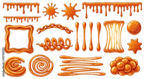 Collection of various caramel or honey shapes and drips, including swirls, splatters, and a frame, on a white background.