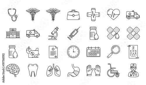 A collection of medical icons and symbols in a flat line art style