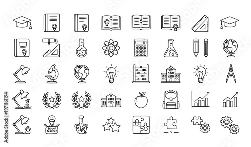 A collection of educational icons and symbols in a minimalist line art style