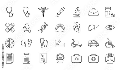 A collection of medical icons and symbols in a flat line art style