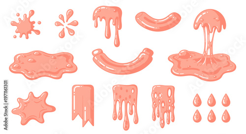 Pink sticky bubblegum or slime splatters, drips, and puddles set.