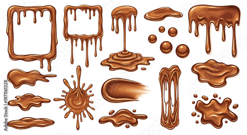 A collection of realistic chocolate or caramel drips, splashes, puddles, and frames, showcasing various liquid brown textures and forms.