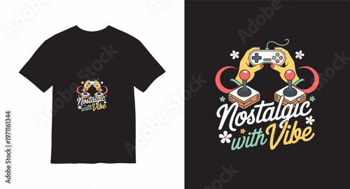 Nostalgic with vibe retro video game controllers and joysticks on black t-shirt mockup