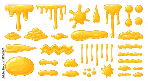 Collection of yellow liquid drips, splashes, and puddles, resembling honey or syrup, on a white background.