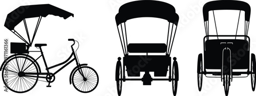 Traditional rickshaw silhouette set with side and front views vintage transport illustration for urban travel culture and design use