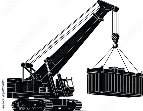 Crawler crane lifting container silhouette heavy construction machinery industrial equipment hoisting cargo at site vector illustration isolated design