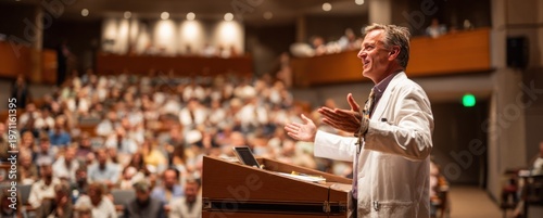 Experienced male doctor in his fifties wearing a white lab coat speaking at a conference podium with a large audience in a modern conference hall