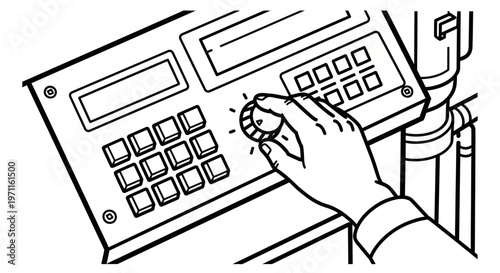 hand pressing button on industrial control panel illustration